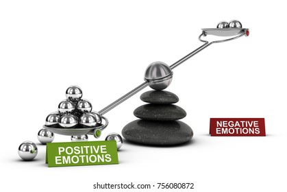 3D Illustration Of A Seesaw With Metal Spheres With The Words Positive And Negative Emotions Over White Background. Concept Of Mental And Emotional Well-being.