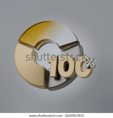 3D illustration of a segmented pie chart with bold “100%” text in front, symbolizing completeness, achievement, or full data representation in a modern, minimalistic style.
