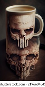 3D Illustration, selective focused, blurred, a coffee mug in the shape of the skull
