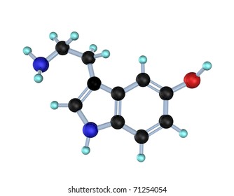 3d Illustration Of Serotonin  Molecule, Isolated On White.