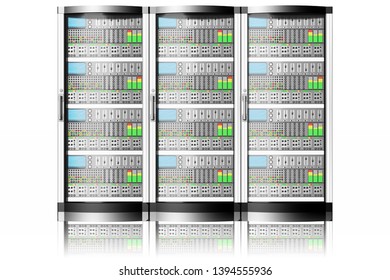 3D illustration. Server computer data. Connection and storing computer data, applications.