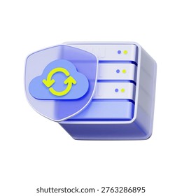 3D illustration of server rack with cloud sync shield for secure backup, data synchronization, continuous protection, disaster recovery, and system updates.