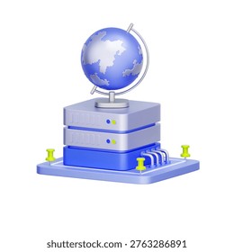 3D illustration of server rack with global network globe for international hosting, global data center, worldwide connectivity, network architecture, and cloud computing.