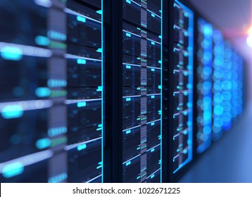  3D illustration of server room in data center full of telecommunication equipment,concept of big data storage and  cloud computing technology.
