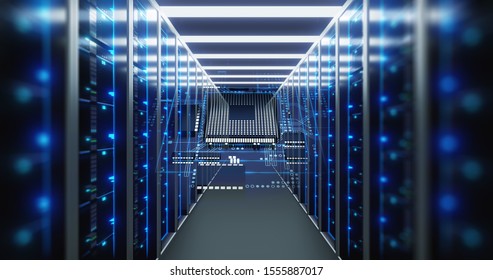3D illustration of server room in data center full of telecommunication equipment,concept of big data storage and  cloud computing technology.
