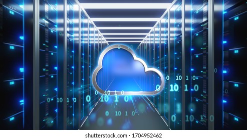 3D Illustration Of Server Room In Data Center Full Of Telecommunication Equipment,concept Of Big Data Storage And  Cloud Computing Technology.
