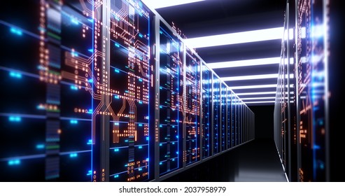3D-Illustration des Serverraums im Rechenzentrum mit Telekommunikationsgeräten, Konzept der Big Data Storage und Cloud Computing Technologie.