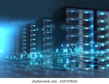  3D illustration of server room in data center full of telecommunication equipment,concept of big data storage and  cloud computing technology.