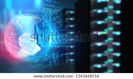  3D illustration of server room in data center full of telecommunication equipment,concept of big data storage and  cloud computing technology.