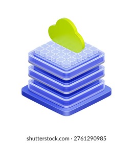 3D illustration of server stack with green cloud for hybrid cloud, tech stack, infrastructure layers, data storage, and computing architecture.