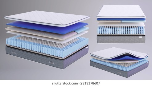 3d illustration of a set of bedding a blanket and four pillows and a mattress lie on a simple bed top view.  The edge of the blanket is thrown back