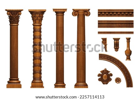 3d illustration. A set of carved wooden carpentry elements of columns, brackets, balustrades Foto stock © 