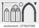 3D illustration. Set of gothic cathedral window elements textures