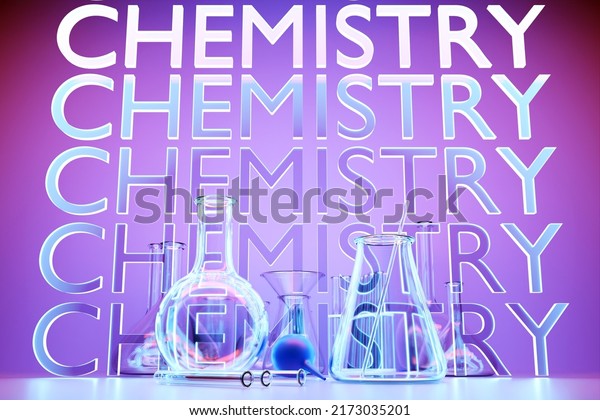 3d\
illustration of a set of laboratory instruments. Chemical\
laboratory research set on blue\
background