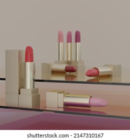 3d Illustration Of A Set Of Lipsticks On Glass Surfaces. Fashion Cosmetics. Makeup Design Background. Use Flyer, Banner, Flyer Template For Advertising.