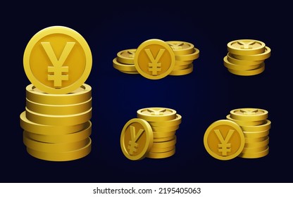 3D Illustration Set Of Many Golden Yen Coins On Isolated Background In A Pile Or Stack