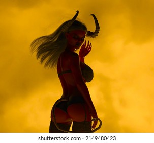 3d illustration of a sexy female demon succubus posing provocatively against a fiery background 