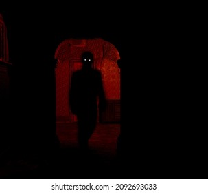 3d Illustration Of A Shadow Person Stood In A Doorway With A Sinister Red Light Illuminating It And The Room Beyond