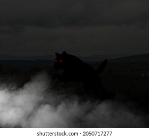 3d Illustration Of A Shadowy Black Phantom Hound Wolf Creature With Glowing Red Eyes Leaping Out Of Fog