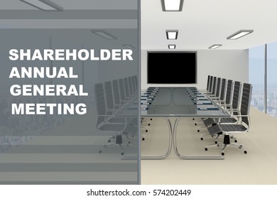 3D illustration of "SHAREHOLDER ANNUAL GENERAL MEETING" title on a glass compartment - Powered by Shutterstock