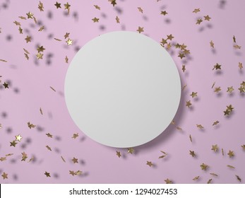 3d Illustration. Shiny Gold Stars On The Pink Background With White Cirlce