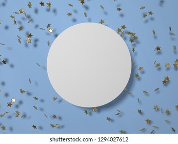 3d Illustration. Shiny Gold Stars On The Blue Background With White Cirlce