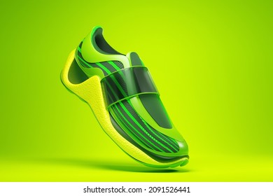 3d Illustration Of  Shiny Green Sneaker With Foam Soles And Closure Under Neon Color On A  Green Background. Sneakers Side View. Fashionable Sneakers.