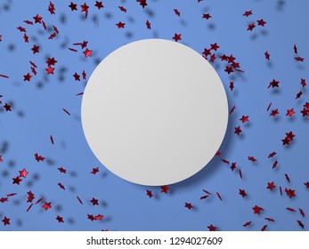 3d Illustration. Shiny Red Stars On The Blue Background With White Cirlce