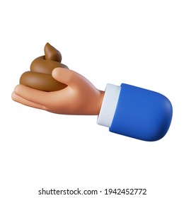 3d Illustration. Shit Icon. Cartoon Character Hand Holds Brown Poop. Funny Clip Art Isolated On White Background. Stupid Joke Or Prank