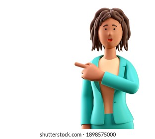 3D Illustration Of Shocked African American Woman With Open Mouth Pointing Finger At Blank Placard. Portrait Of Cartoon Emotional Businesswoman In Green Suit, Isolated On White Background.