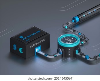 3D illustration showing a foreign exchange banking process using a technological application. Core Banking to API process. Infographic of currencies, processes and bank credit cards. - Powered by Shutterstock