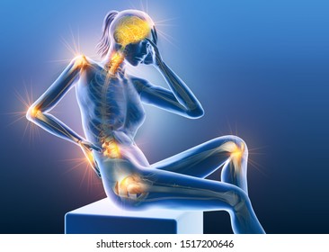 3D illustration showing a woman with painful joints: shoulder, cervical spine, elbow, lumbar spine, hand, wrist and hip - Powered by Shutterstock