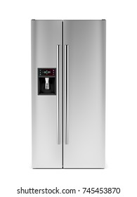 3D Illustration Of Side-by-side Refrigerator With Ice And Water Dispenser On White Background