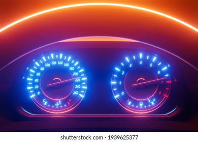  3D illustration of the sign and symbol on car dashboard. Car speedometer and tachometer  closeup under  blue and orange  neon lights. 
 - Powered by Shutterstock