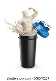 3D illustration of a Silhouette of bodybuilder that is consisting of a white protein, which breaks away from the black shaker, isolated on a white background