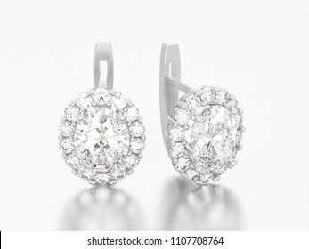 3D illustration silver diamond earrings with oval gemstone with hinged lock on a grey background - Shutterstock ID 1107708764