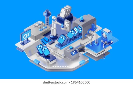 3d Illustration Of Silver Factory Machine With Conveyor And Engineering Robot Arm Sorting Smart Phone. Technology Of Modern Industrial Manufacture Of Phone At Automatic Conveyor Belt Of Factory Line