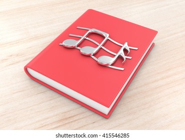 3d illustration silver musical notes on a  red textbook