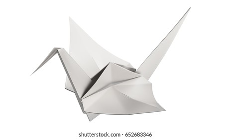 3D illustration silver origami bird on a white background