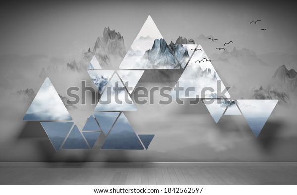 3d illustration, silvery triangles on a wall background with a gray foggy mountain landscape