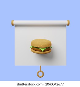 3d illustration of simple object presentation board front view with burger