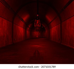 3d Illustration Of A Sinister Woman Floating Off The Ground In A Tunnel