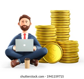 3D illustration of sitting bearded man with laptop and huge stack of gold coins. Cartoon smiling businessman, successful investor in yoga lotus position with big money. Financial savings concept.
