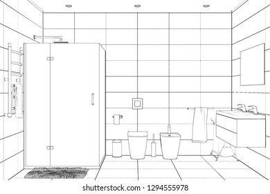 3d Illustration Sketch Modern Shower Room Stock Illustration 1294555978 ...