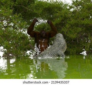 3d Illustration Of A Skunk Ape Variety Of Bigfoot Sasquatch In A Swamp Fighting An Alligator