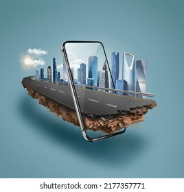 3d illustration of skyscraper road with mobile phone isolated. Road island isolated. 