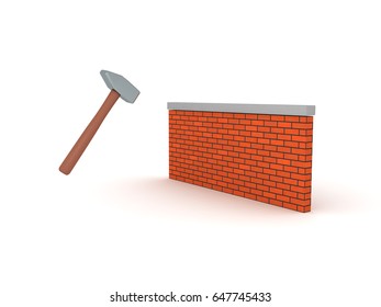 3D Illustration Of Sledge Hammer Smashing Wall. Image Depicting Demolish Concept.
