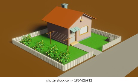 3D Illustration - Small Minimalist House With Green Grass Yard Area Accompanied By Lemon Trees And Clothesline