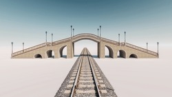 3d Illustration Of Small Pedestrian Bridge Crossing Railway