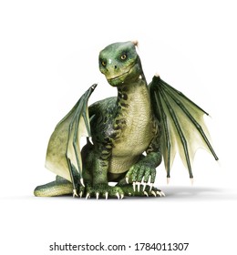 3d illustration of a small winged baby dragon sitting on an isolated white background. 3d rendering